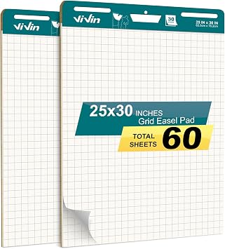 ViVin Grid Sticky Easel Pad, 30 Sheets/Pad, 2 Pads Flip Chart Paper