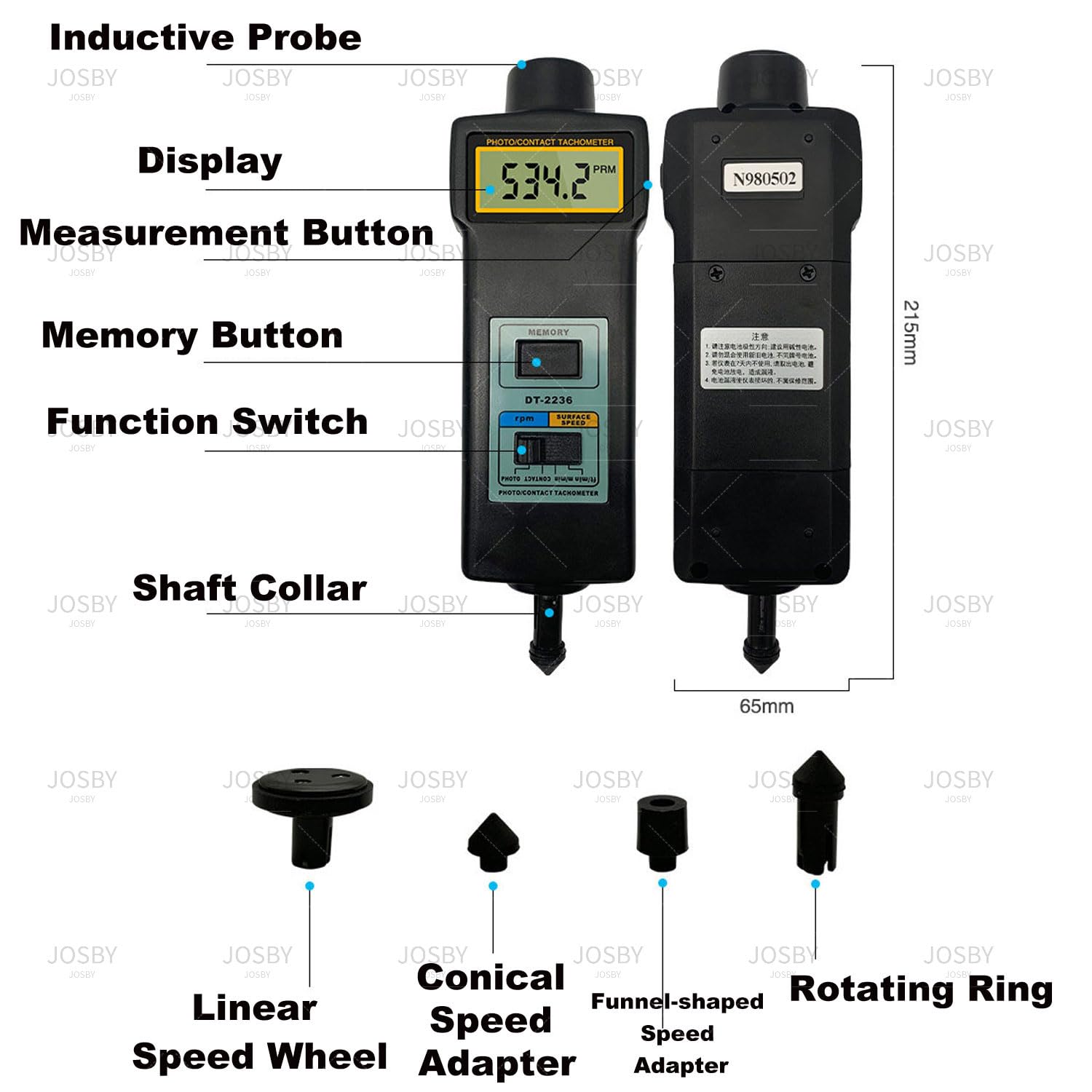 Probador de RPM por contacto y foto, tacómetro digital portátil, con 4 sondas, fotoeléctrico de 2,5 a 99.999 RPM, medición de velocidad lineal (m/min, ft/min), broca de contacto de alta sensibilidad