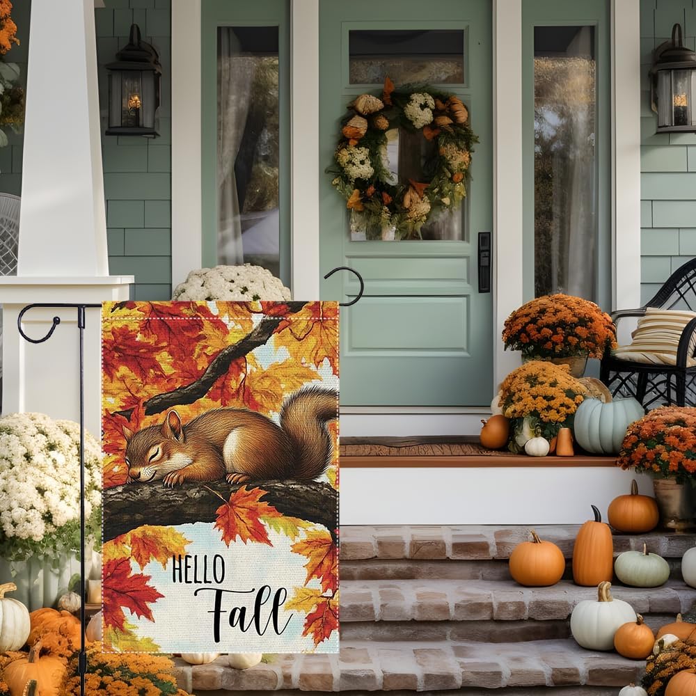 Hello Fall Garden Flag, Maple Tree Squirrel Garden Flags 12x18 Inch Double Sided Small Burlap Autumn Farmhouse Home Lawn Outside Thanksgiving Decoration - Image 4