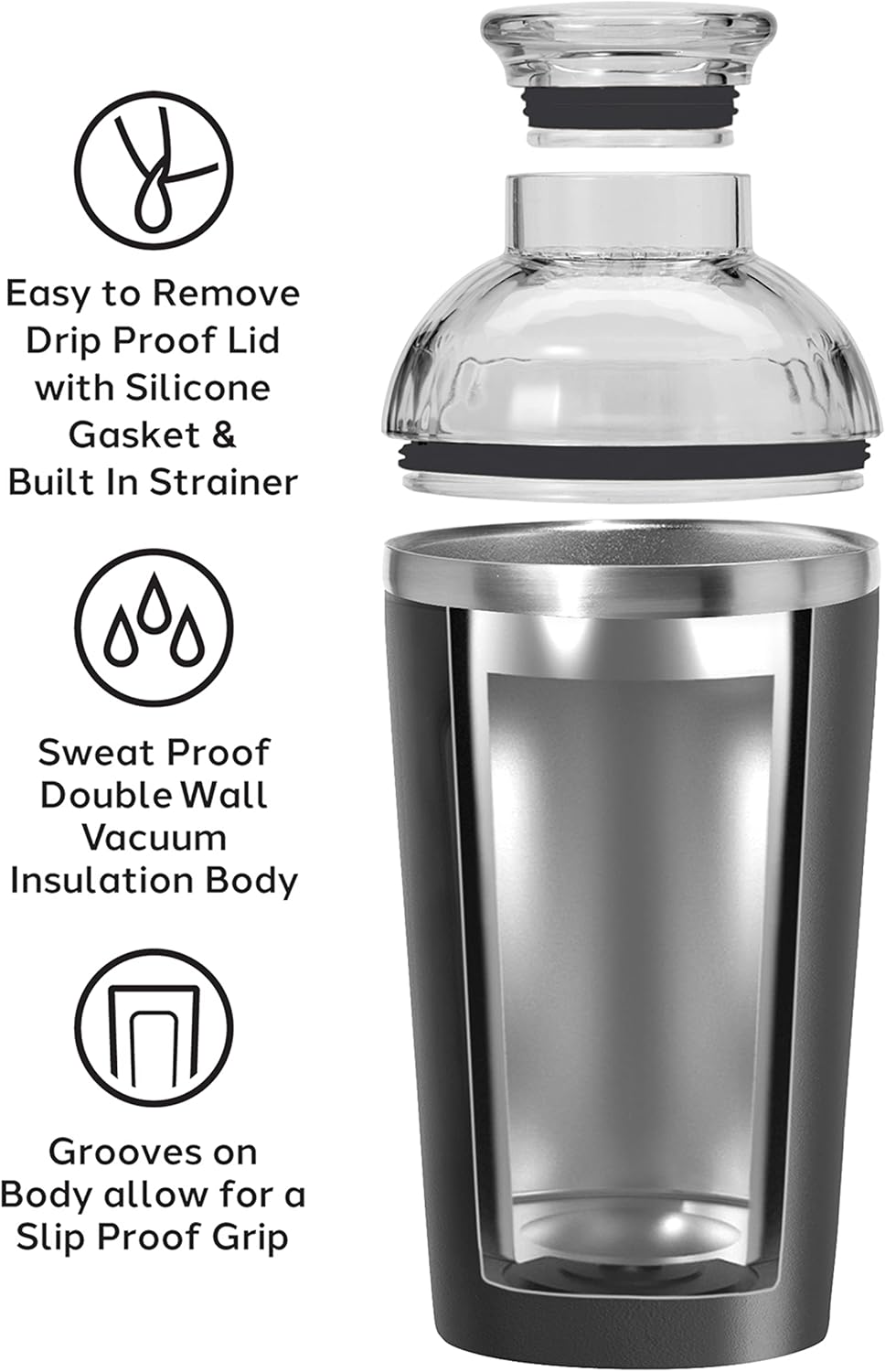 OGGI Groove Insulated Cocktail Shaker-17oz Double Wall Vacuum Insulated Stainless Steel, Tritan Lid has Built In Strainer, Ideal Cocktail Mixer, Martini Shaker, Margarita Shaker, Black - Image 2