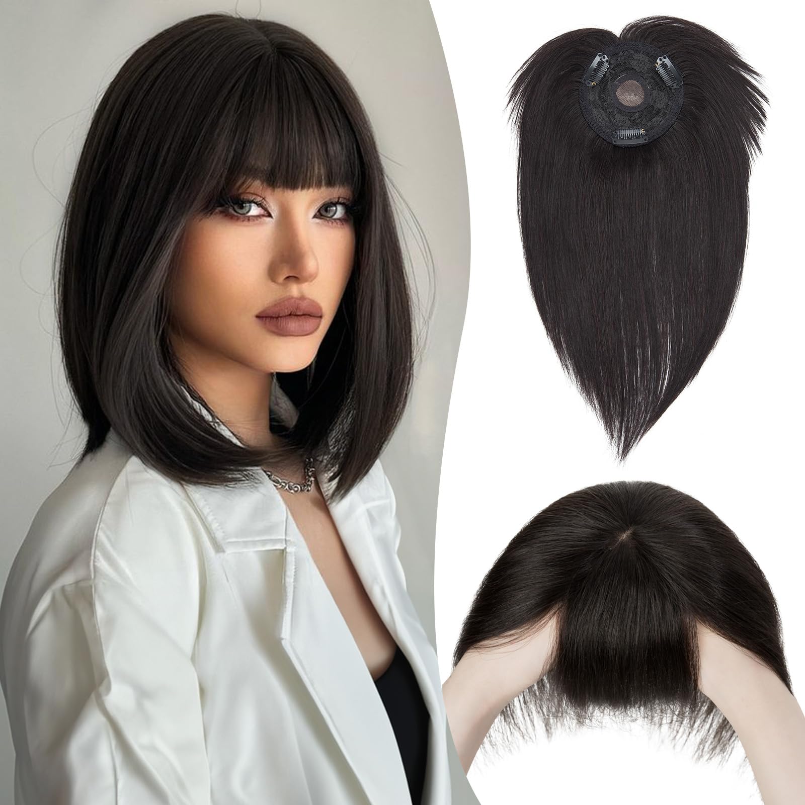 S-noilite Topper für Frauen Echthaar mit Pony 150% Dichte Toupet Haarteil Echthaar Damen Haarverdichtung für Dünnes Haar Mono Basis Haarverlängerung 50cm - 47g #1B Natürliches Schwarz