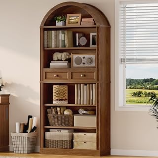 RALGEND Arched Bookshelf, 73" Tall Arch Bookcase with Drawers, Farmhouse 6-Tier Book Shelf, Wooden Bookshelf with Open Display Shelves for Living Room, Office, Adjustable Shelf, Walnut