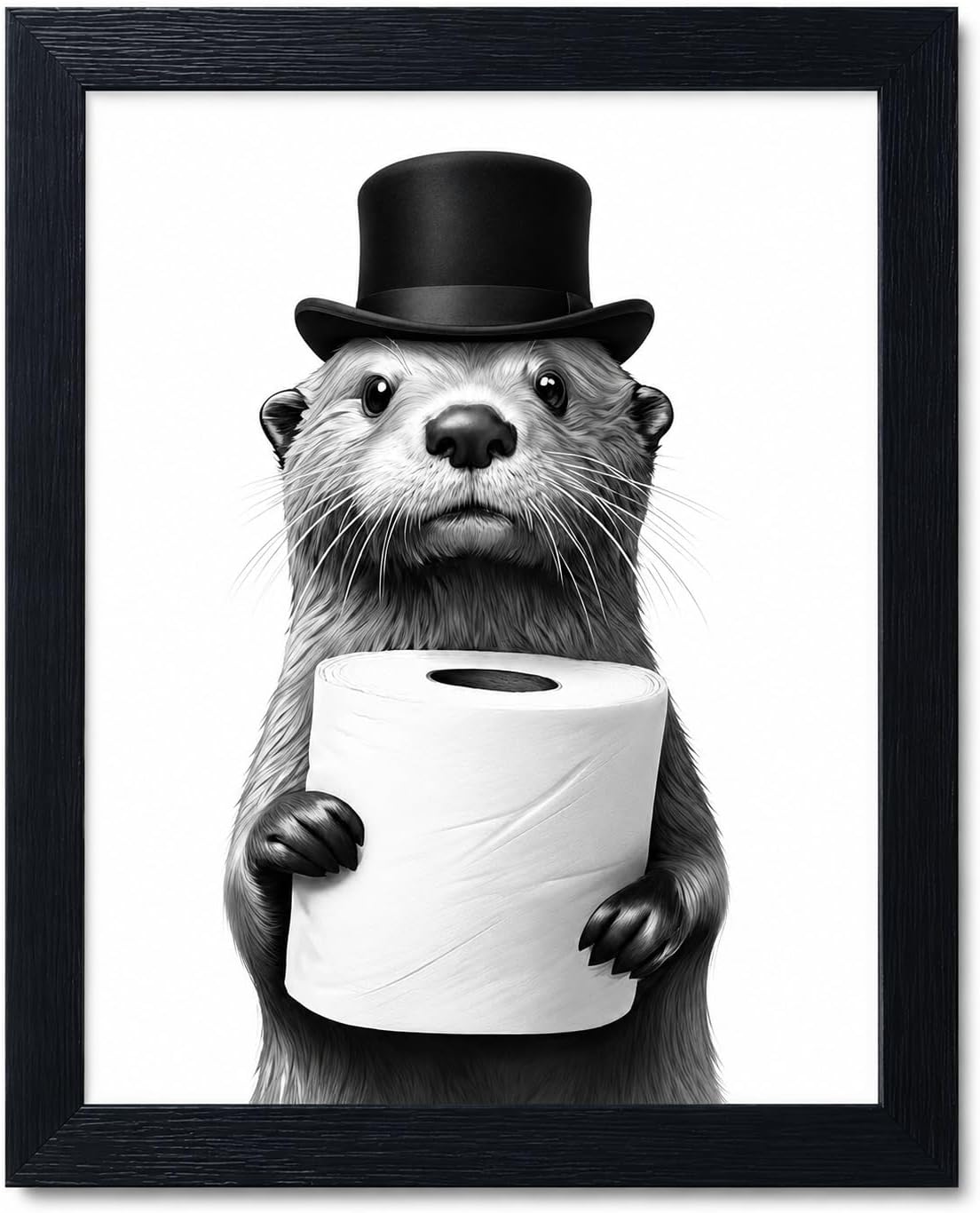 Framed Canvas Wall Art, Funny Bathroom Cat Poster with Black Frame, Waterproof Acrylic Protected Bathroom Decor for Toilet Restroom Washroom Home Decoration (raccoon hat, black, 10 * 12in)