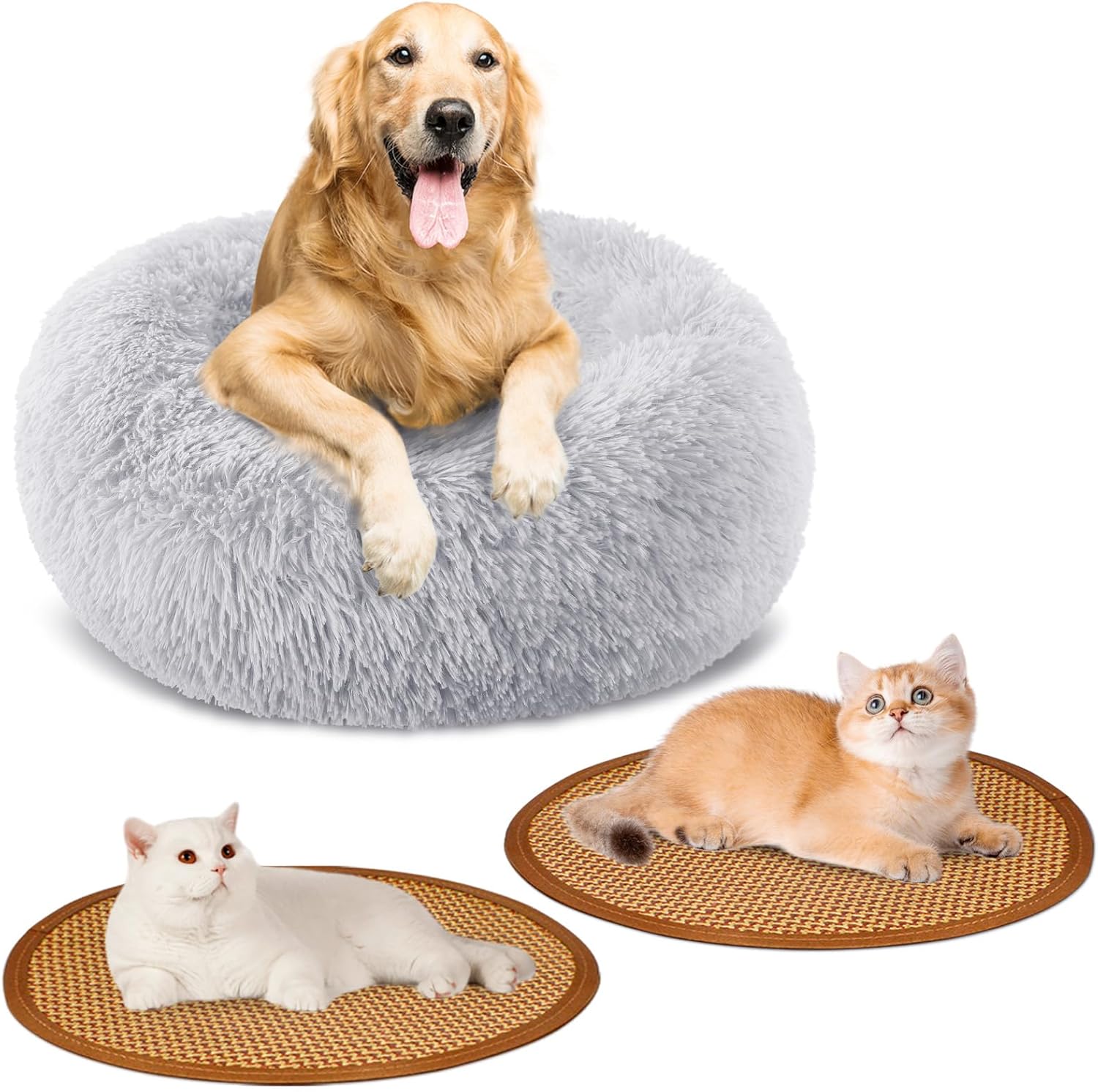 Calming Donut Dog Bed Medium Size Removable Cover + 2 PCS Cooling Rattan Pet Mat, Fluffy Comfort Anti-Anxiety Washable Round Pets Bed with Double-Sided Cool Pad for Medium Dogs/Cat, 31" Gray