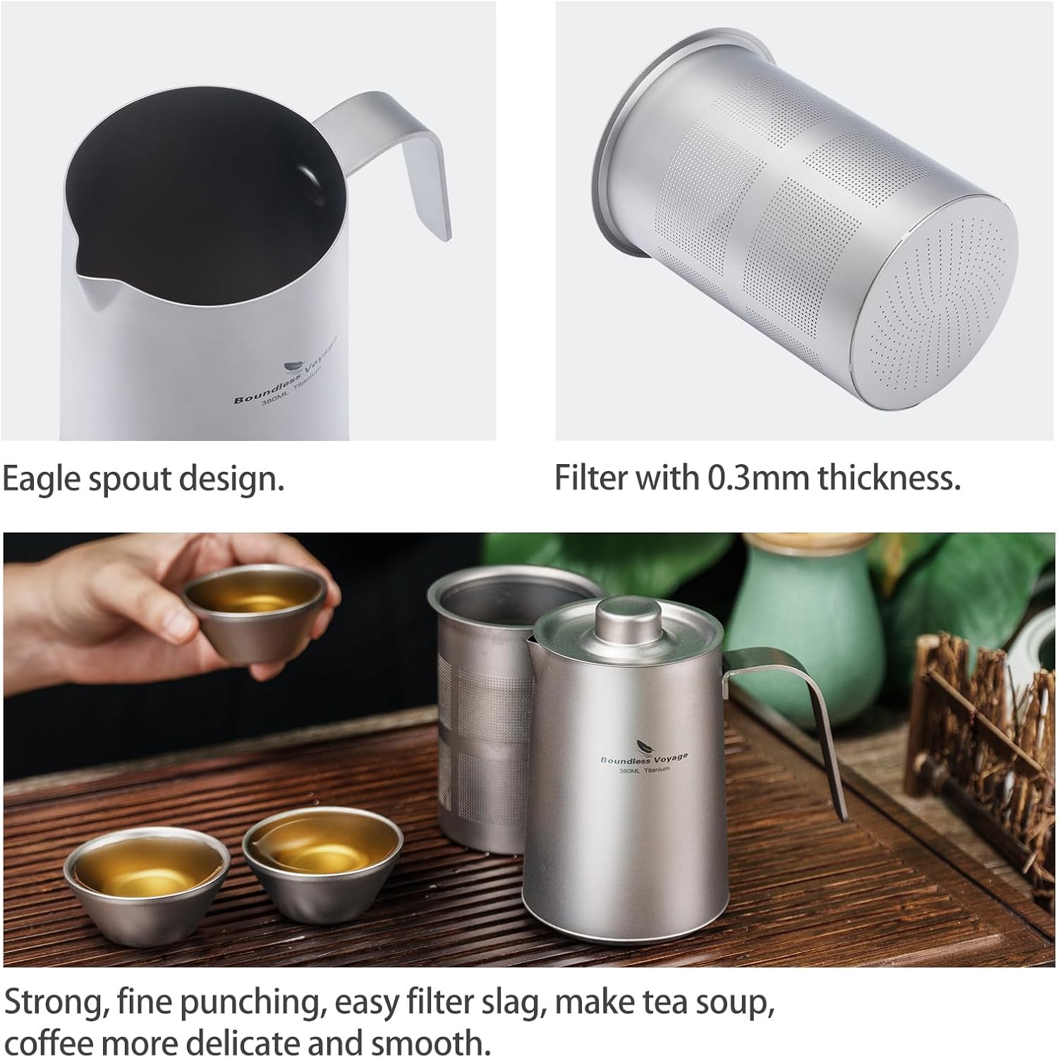 iBasingo 380ml Titanium Teapot with Infuser and 4 30ml Teacups Lightweight Portable Tea Kettle with Lid Chinese Tea Set for Home Outdoor Camping Travel Picnic Hiking Ti3116D+Ti3083D
