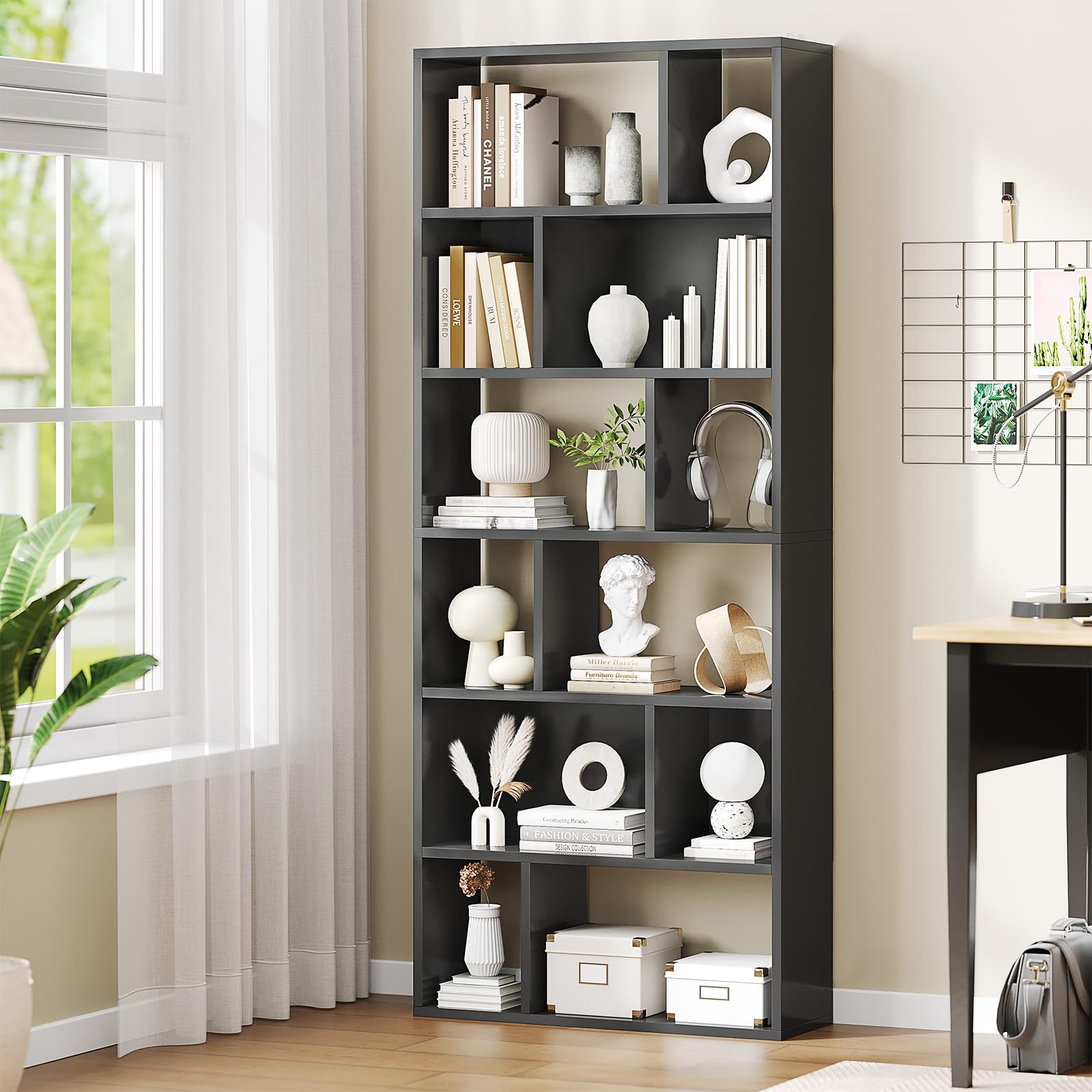 Bibliothèque, Étagère à 6 Niveaux, Cloison Séparateur, Présentoir, Meuble de Rangement avec 12 Compartiments Ouverts pour Salon, Chambre, Bureau, 24 x 60 x 173 cm, Noir