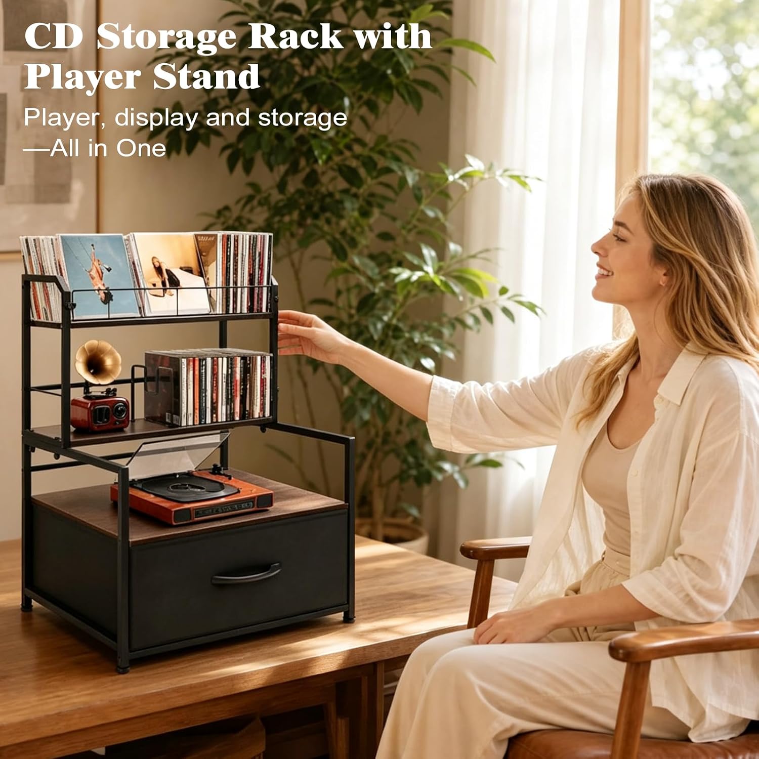 CD Storage Rack with Player Stand, 3-Tier Desktop Media Organizer
