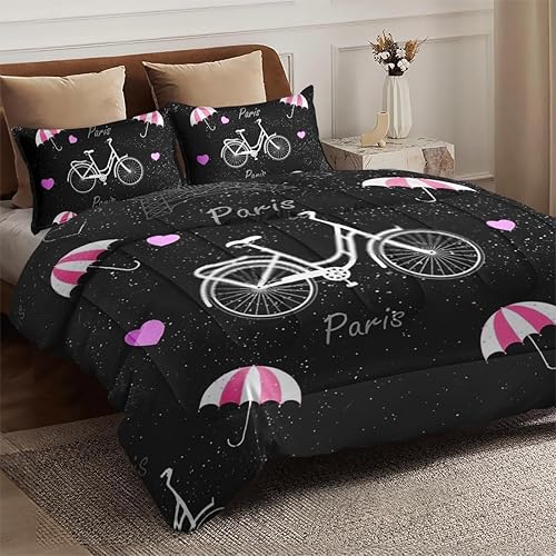 Miniatura 4 de Juego de edredón tamaño individual, juego de ropa de cama suave de bicicleta de torre Eiffel francesa para niños y adultos, juego de edredón vintage