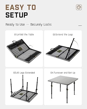 FanttikOutdoor Folding Table Two Heights Adjustable Square Card Table 34, Collapsible Legs & Carrying Handle, Plastic Tables Portable for Camping, Picnic, Office, Party, Grey Zeta S4 Pro