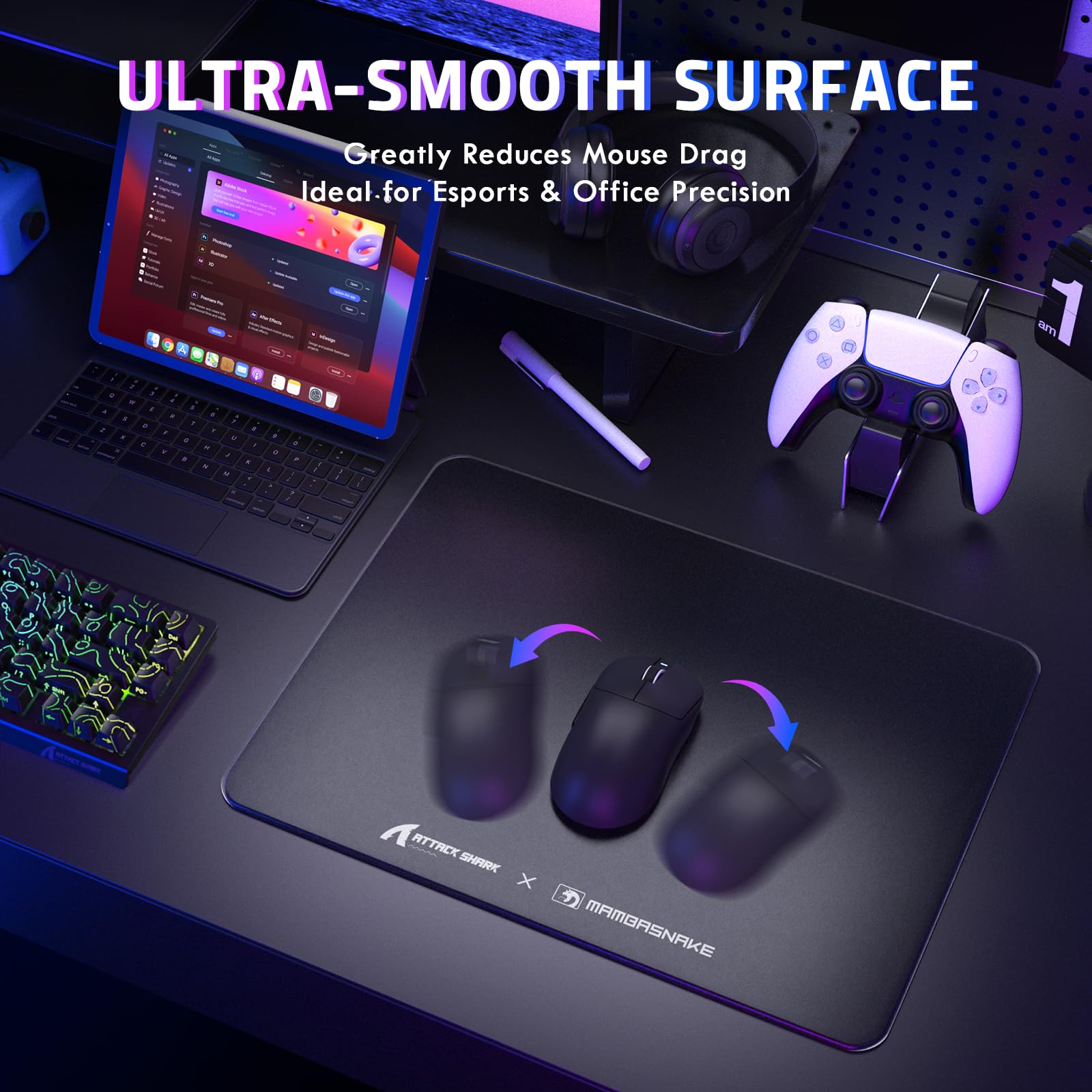 ATTACK SHARK CM05SE Glas-Gaming-Mauspad für FPS und Esports, Nano-geätzte gehärtete Glasoberfläche, ultraglatt, reibungsarmes hartes Mauspad, wasserdicht, großes Schreibtisch-Mauspad für PC-Setup