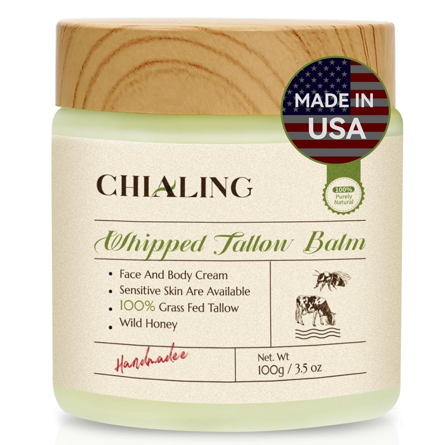 Handmade Beef Tallow For Skin, Tallow Face Moisturizer, 100% Grass Fed Beef Tallow And Honey Balm - Made in USA - Whipped Beef Tallow Body Lotion Skin Care for Eczema, Dry, Itchy, Sensitive Skin - 3.5 Oz