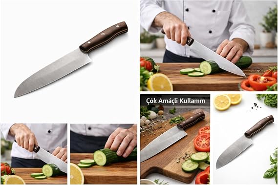 N690 Santoku Şef Bıçağı – Avusturya N690 Çelik, Ceviz Saplı, Ultra Keskin El Yapımı Mutfak Bıçağı, Et Balık ve Sebze Kesimi İçin