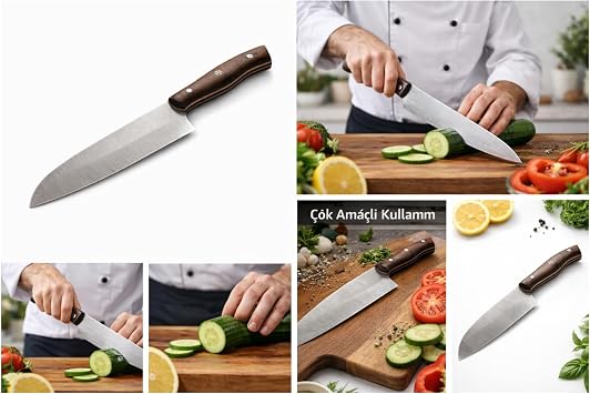 N690 Santoku Şef Bıçağı – Avusturya N690 Çelik, Ceviz Saplı, Ultra Keskin El Yapımı Mutfak Bıçağı, Et Balık ve Sebze Kesimi İçin