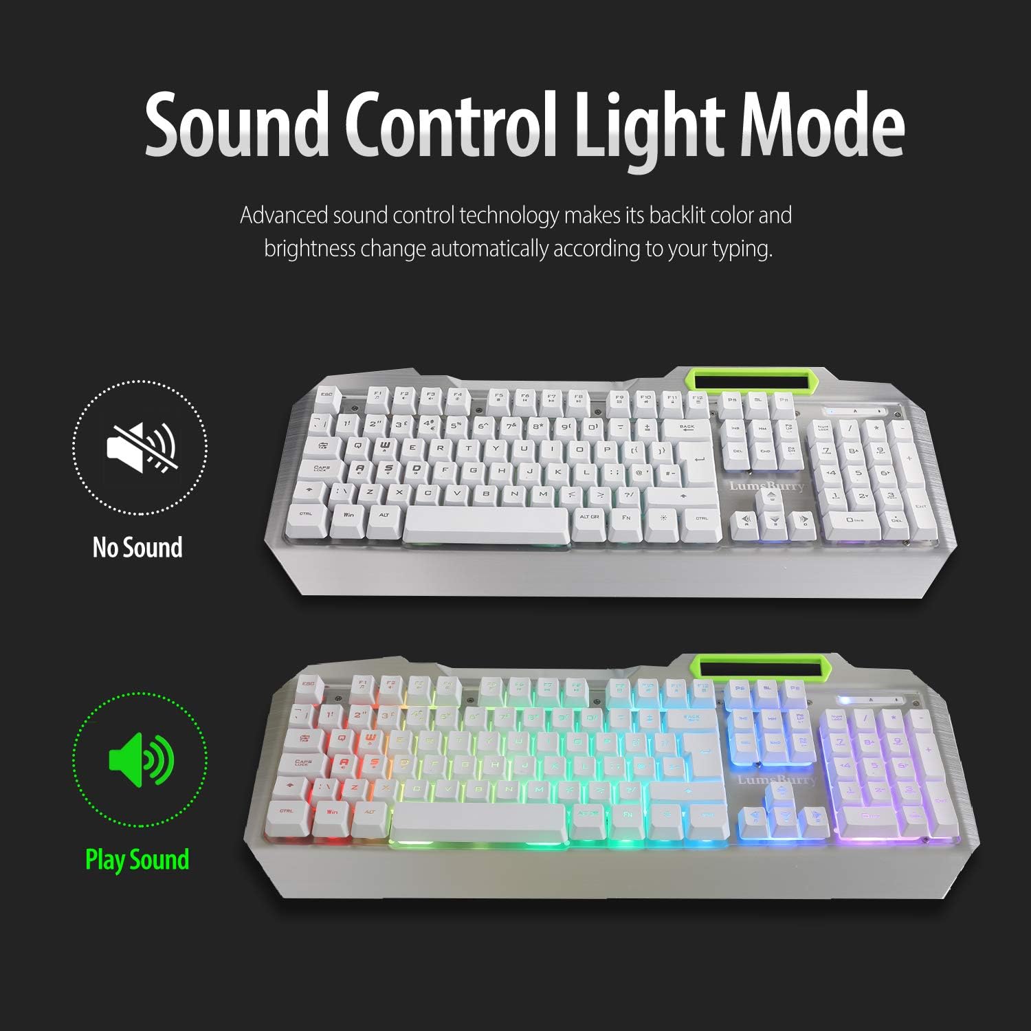 Lumsburry RGB LED Backlit Gaming Keyboard with Anti-ghosting, Light up Keys Multimedia Control, USB Wired Waterproof Metal Keyboard for PC Games Office (Silver&White)