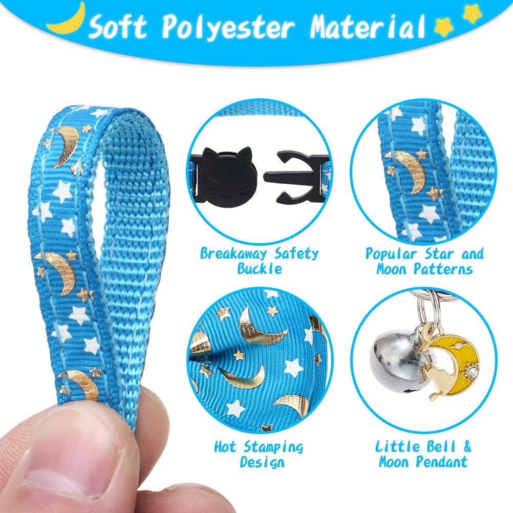 BINGPET Breakaway Cat Collar with Bell 3 Pack, Adjustable Luminous Kitten Collar with Star & Moon Patterns, Removable Bow Tie, Glow in The Dark