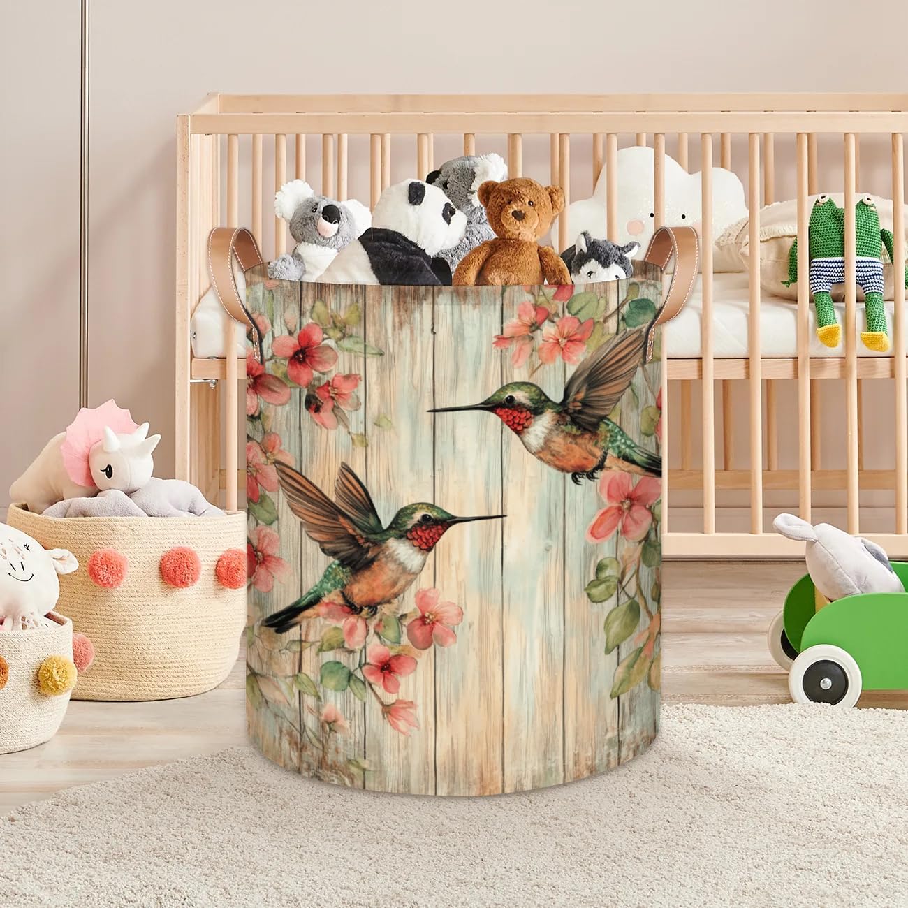 Vintage Flower Hummingbird Laundry Basket Wooden Board Large Laundry Hamper Collapsible Organizer Basket Clothes Bin Storage Boxs for Bedroom Bathroom Dorm