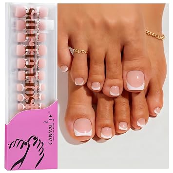 Canvalite Press on Toenails for Women, Big Toe Nail Press ons French Tip Fake Toenails with Glue, Reusable Home DIY Pedicure Set, 16 Sizes