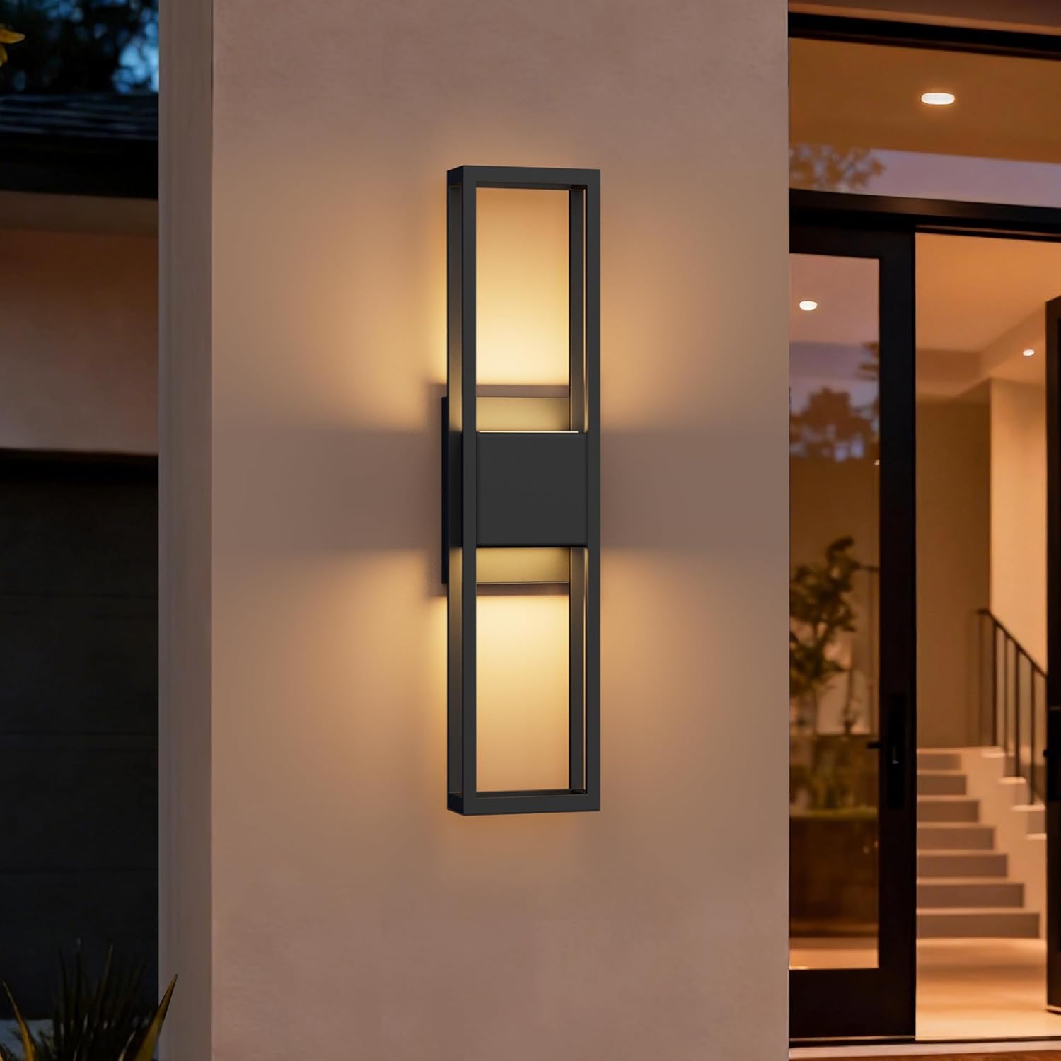 27 Inch Modern Outdoor Wall Lights, 3000K LED Up Down Exterior Lighting Fixtures Wall Mount, IP65 Waterproof Outside Sconce with Rectangle Metal Frame, for House Porch Patio Garage Front Door