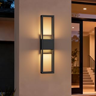 27 Inch Modern Outdoor Wall Lights, 3000K LED Up Down Exterior Lighting Fixtures Wall Mount, IP65 Waterproof Outside Sconce with Rectangle Metal Frame, for House Porch Patio Garage Front Door