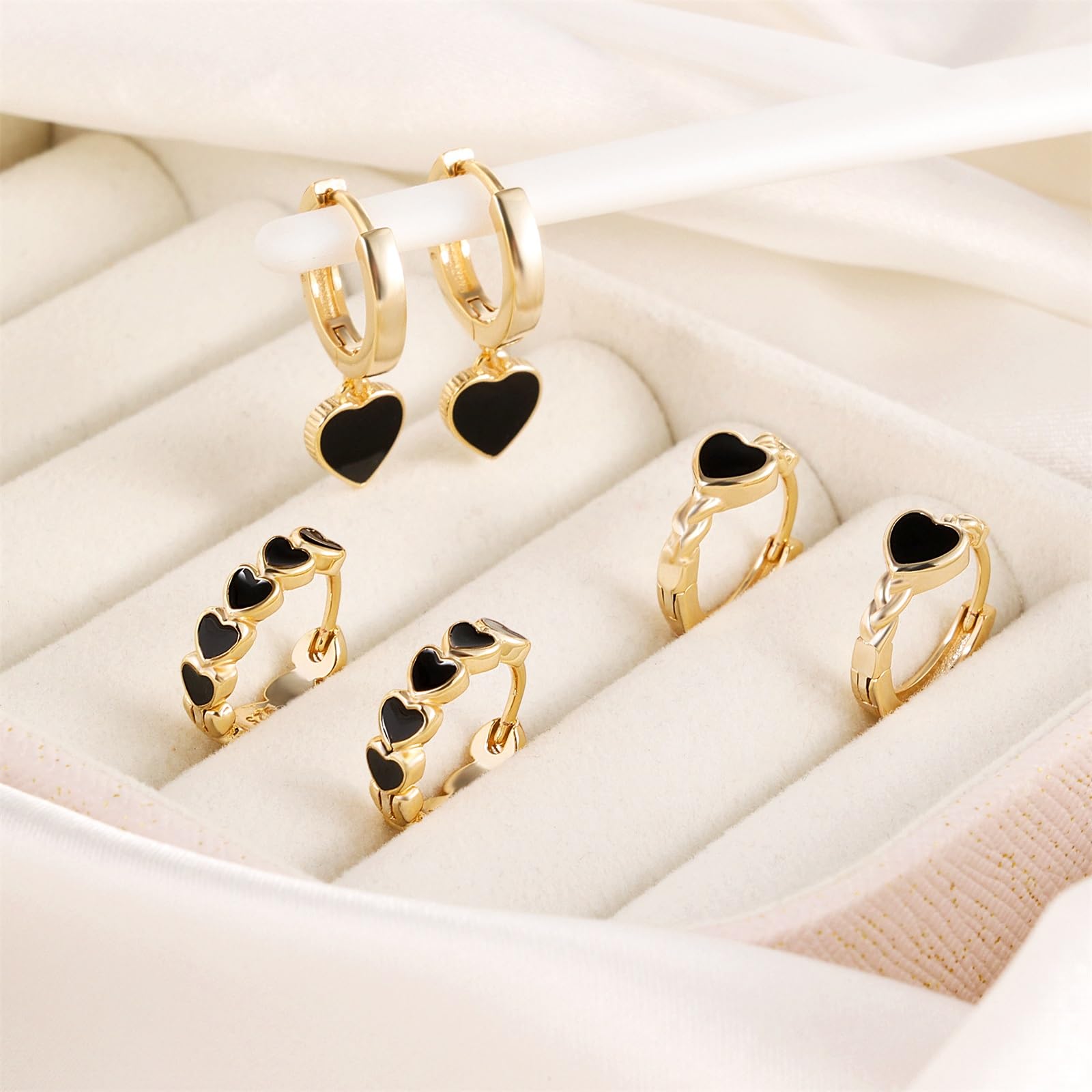 ALEXCRAFT Set Orecchini Donna Cuore Argento 925 Set Pendenti Cuore Piccoli Nero 14K Oro Placcato