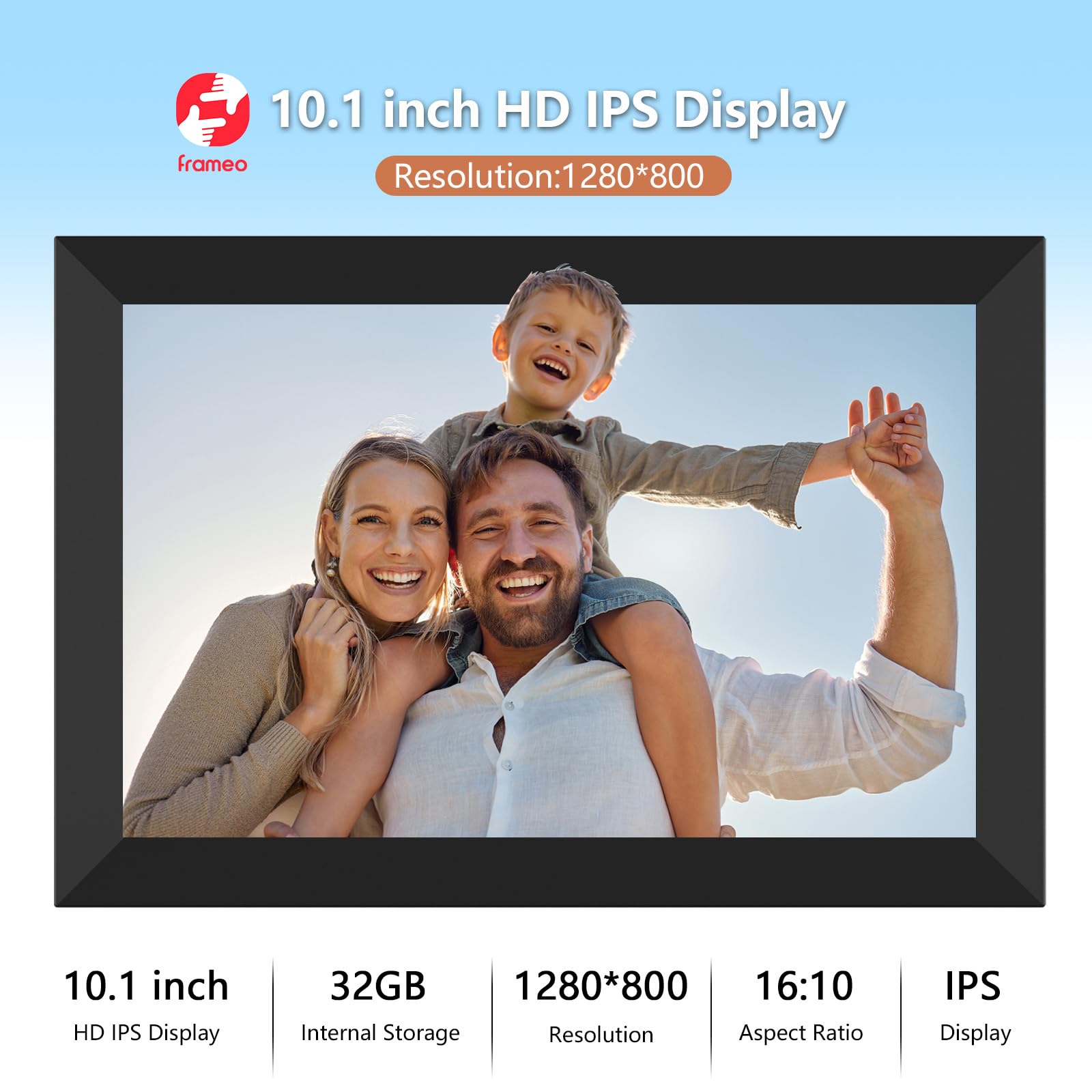 AKImart FRAMEO Digitaler Bilderrahmen WiFi 32GB Digitaler Fotorahmen 10,1 Zoll 1280x800 IPS LCD-Touchscreen Smart Cloud-Fotorahmen Mit Automatischer Drehung Momente Sofort Über Die Frameo-App Teilen