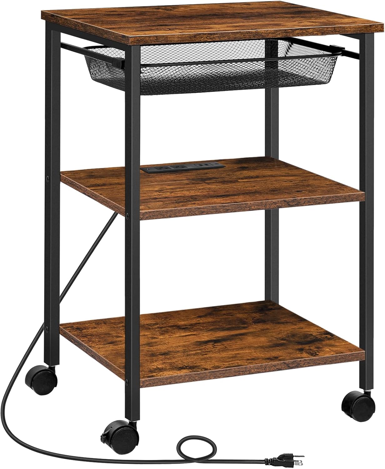 HOOBRO File Cabinet, Printer Stand with Charging Station, Mobile Pedestal on 5 Wheels, Adjustable Metal Mesh Basket, Rustic Brown and Black : Office Products