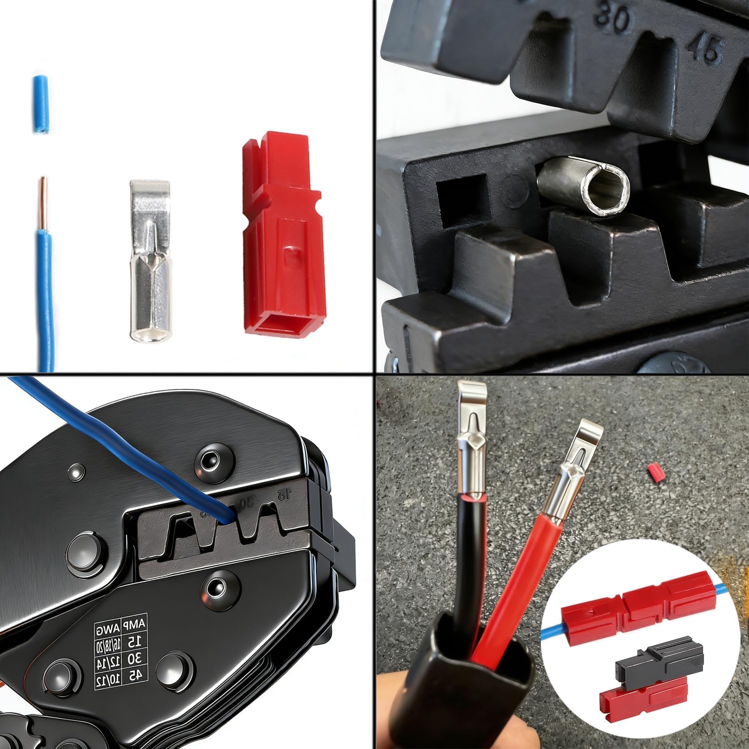 15/30/45 Amp Power Connectors Battery Modular Terminals AWG10-20 Red Black Connect Wire Crimping Tool DC Connector Insulated Electrical Ratcheting Crimper Pliers Ratchet Crimp