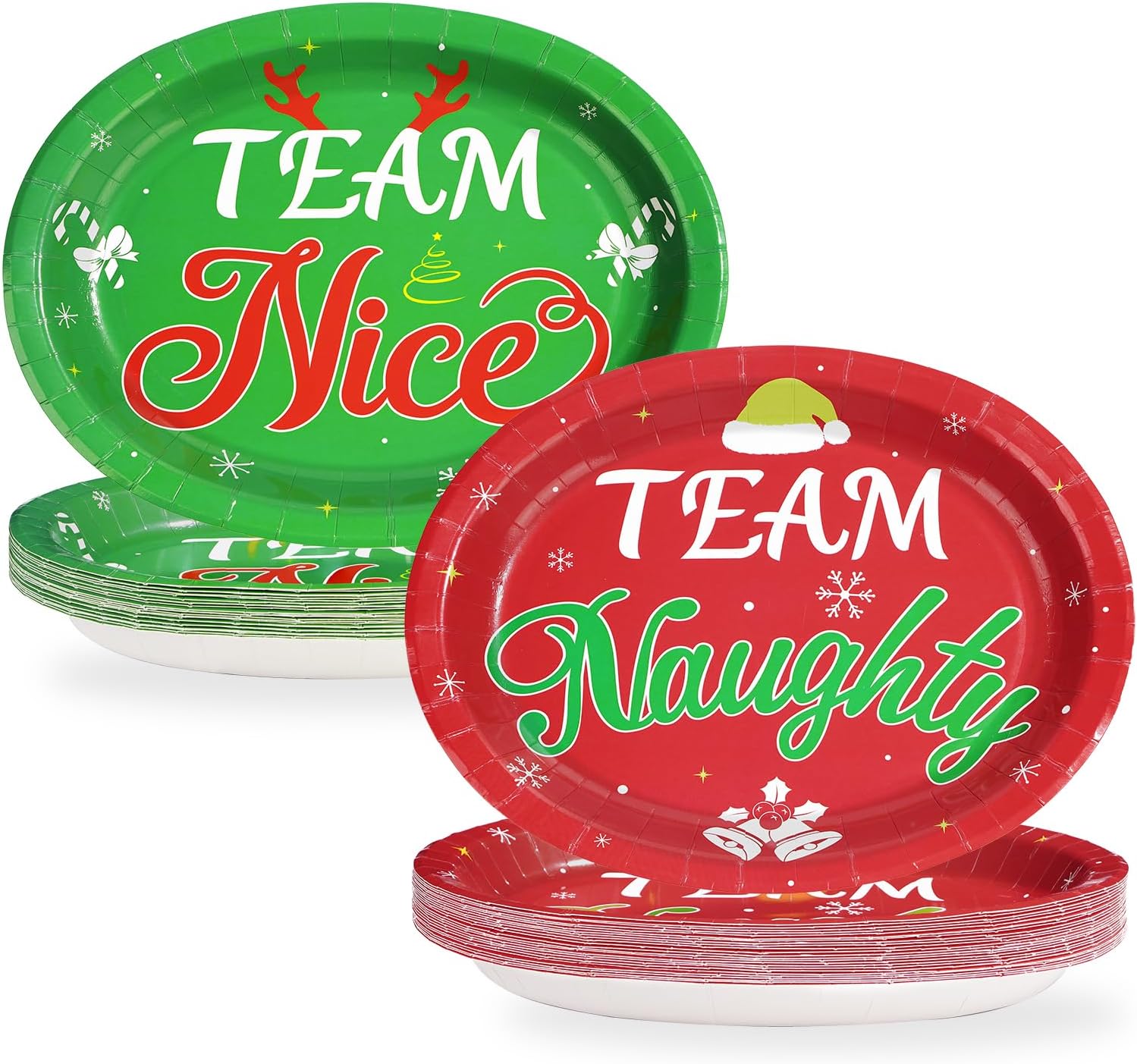 50Pcs Christmas Oval Paper Plates Team Naughty Team Nice Party Decorations 10" x 12" Large Disposable Heavy Duty 400GSM Red and Green Christmas Dinner Plates for Xmas Holiday Cocktail Party Supplies