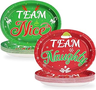 50Pcs Christmas Oval Paper Plates Team Naughty Team Nice Party Decorations 10" x 12" Large Disposable Heavy Duty 400GSM Red and Green Christmas Dinner Plates for Xmas Holiday Cocktail Party Supplies