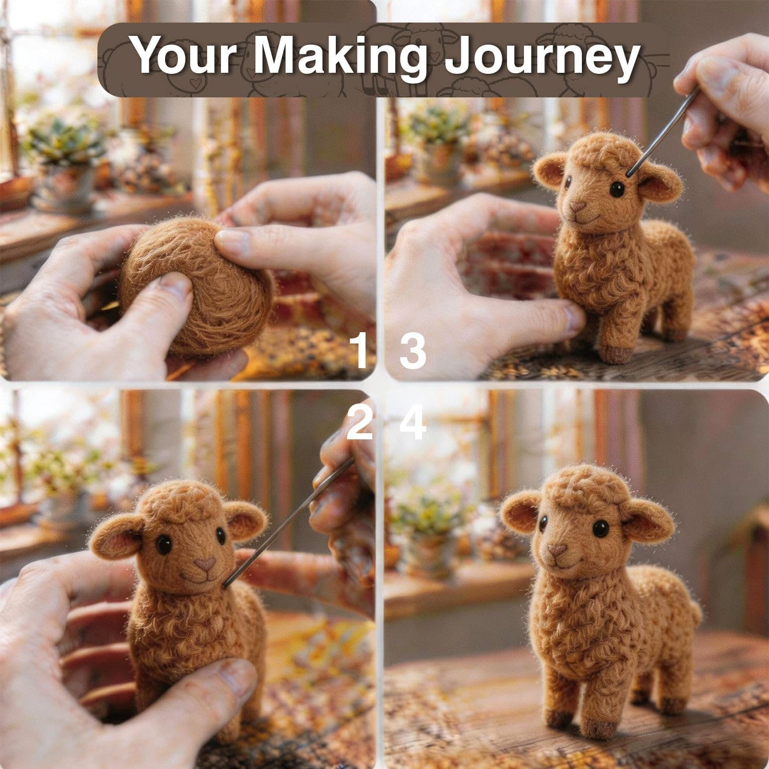 FACE N FACE DIY Needle Felting Kit Cute Golden Yellow Lamb Standing – Needle Felting Starter Kit with Fiber Roving, Needles, Felting Pad & Instructions | Felted Farm Animal Kit for Beginners Adults