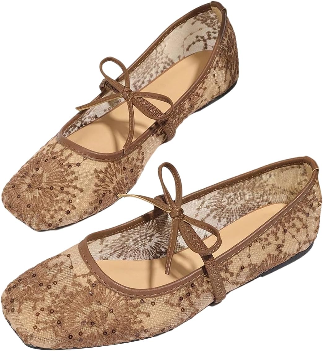 Women's Polka Dots Mesh Ballet Flats Shoes Bowknot Pointed Toe Flats Closed Toe Comfortable Dress Shoes