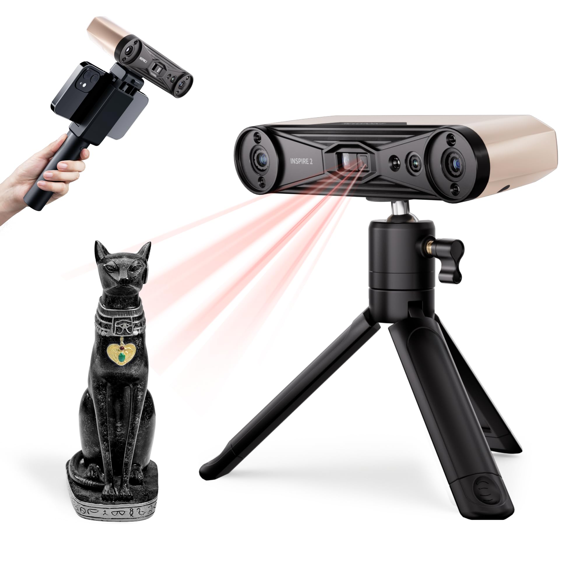 Revopoint INSPIRE 2 Scanner 3D pour impression 3D, précision jusqu’à 0,03 mm, laser multi-lignes et lumière structurée, numérisation sans fil et en extérieur, scans en couleur, Premium