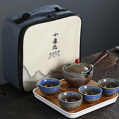 Juego de té de viaje portátil de cerámica, juego de té chino de kungfu con tetera de rotación 360 e infusor, 4 tazas de té, bandeja de té y bolsa de