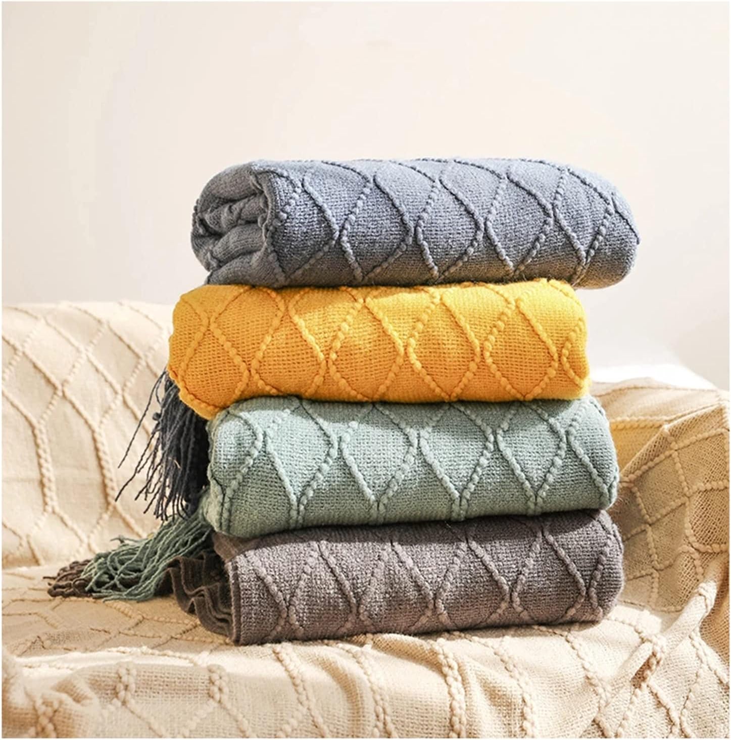 Throw Blanket Textured Solid Soft Sofa Couch Cover Decorative Knitted Blanket Weighted Knit Blanket (Colour: Diamond Light Grey Size: 130 x 240 cm) (Diamond Smoky Grey 130 x 240 cm)