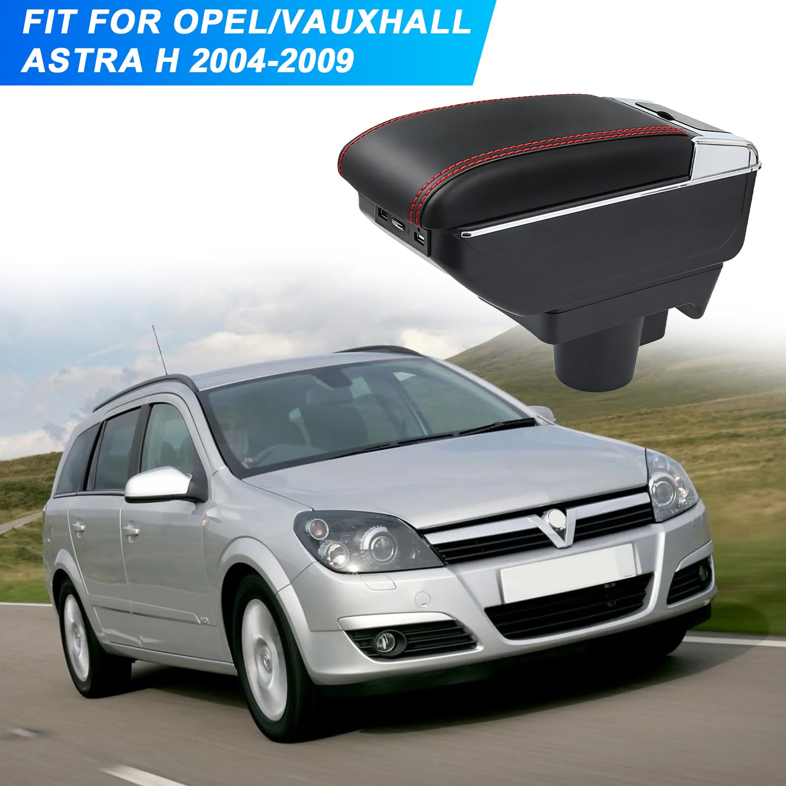 Bracciolo scatola compatibile con Opel/Vauxhall Astra H 2004-2009, con 7 USB, scatola portaoggetti a doppio strato in pelle nera - Linea rossa