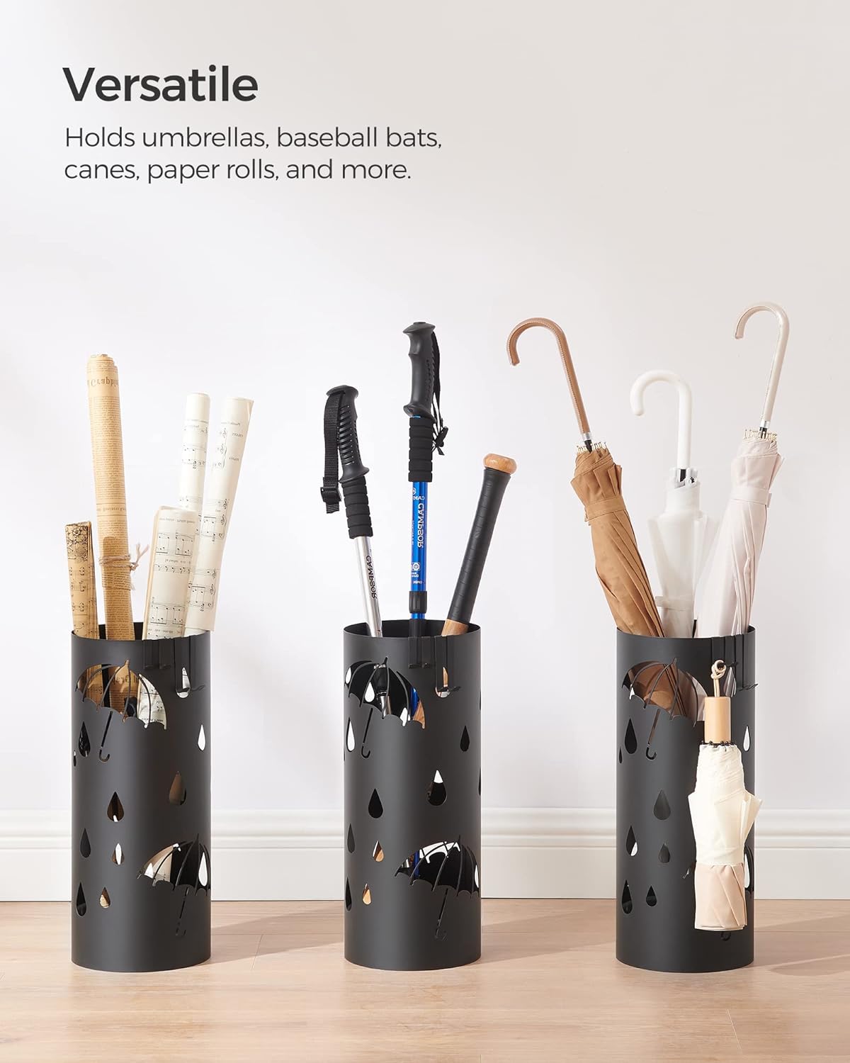 SONGMICS Umbrella Stand, Metal Umbrella Holder for Entryway, with Water Tray and 4 Hooks, 6.7 x 6.7 x 16.1 Inches, Round, Ink Black ULUC024B01