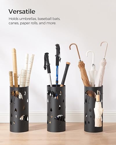 Miniatura 3 de SONGMICS ULUC024B01 - Soporte de paraguas de metal para entrada, con bandeja de agua y 4 ganchos, 6.7 x 6.7 x 16.1 pulgadas, redondo, negro tinta