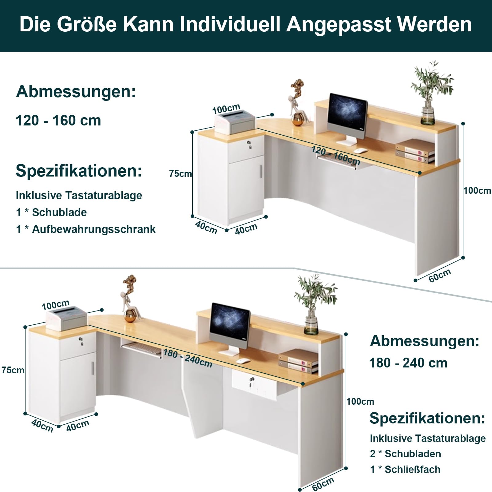 L-Form Empfangstresen Empfangstheke mit Schubladen & Schrank 180x60x100cm Rezeptionstheke Verkaufstresen für BekleidungsgeschäftFirmenanlageCafé -Shop Weiß-Grau-Links
