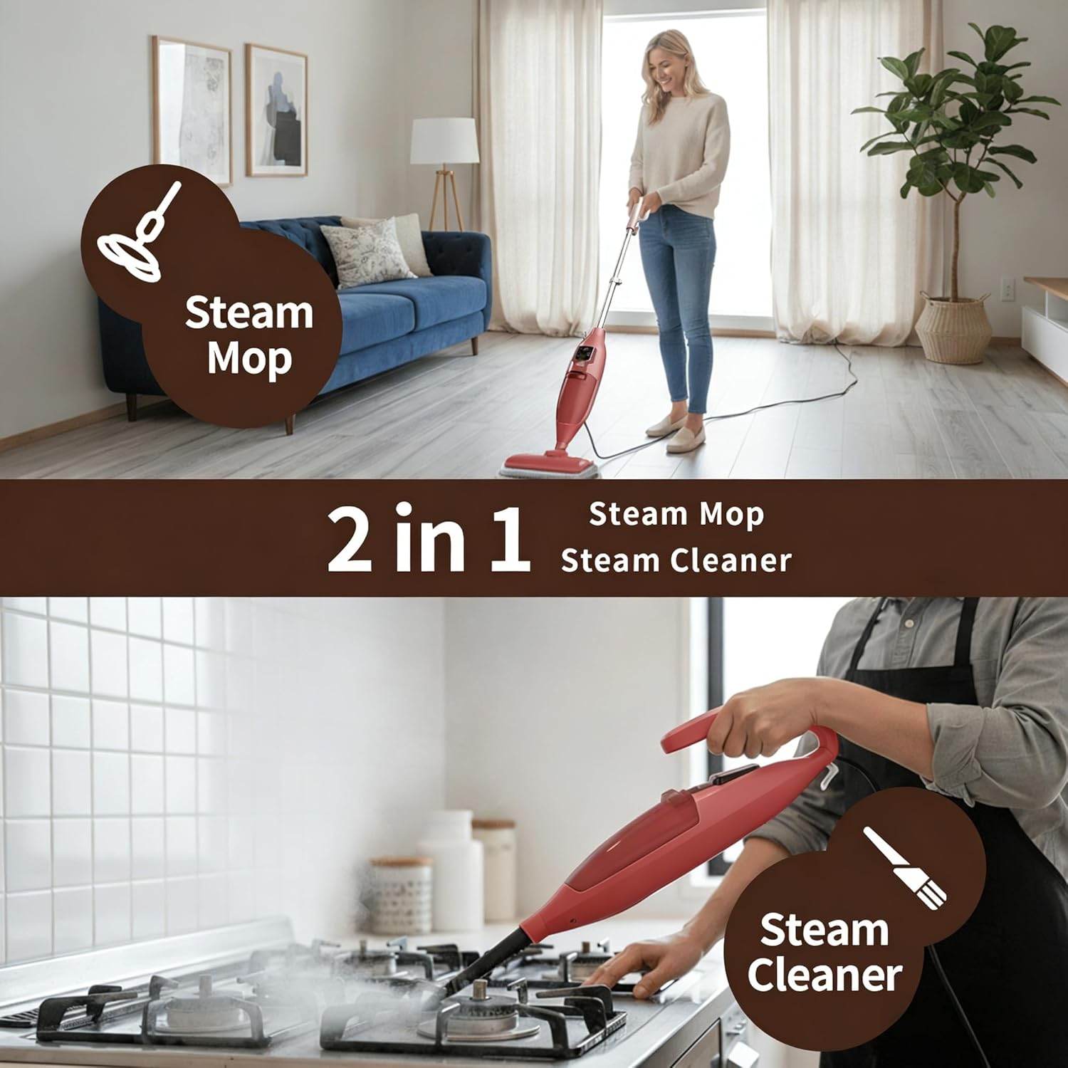 Steam Mop Cleaner with Multi-Surface Use, Extra Long Power Cord, Long Lasting Battery & Quick Drying, Multi-Purpose Steamer for Hardwood Floors, Tiles, Carpet, Windows & Clothes,Red