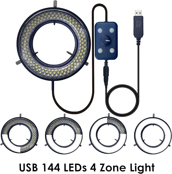 Microscope Light LED Ring Illuminator, USB 144 LEDs with 4 Lighting Zone Adjustable for Industry Digital Monocular Binocular Trinocular Stereo Microscope Camera