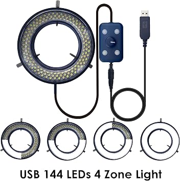Microscope Light LED Ring Illuminator, USB 144 LEDs with 4 Lighting Zone Adjustable for Industry Digital Monocular Binocular Trinocular Stereo Microscope Camera
