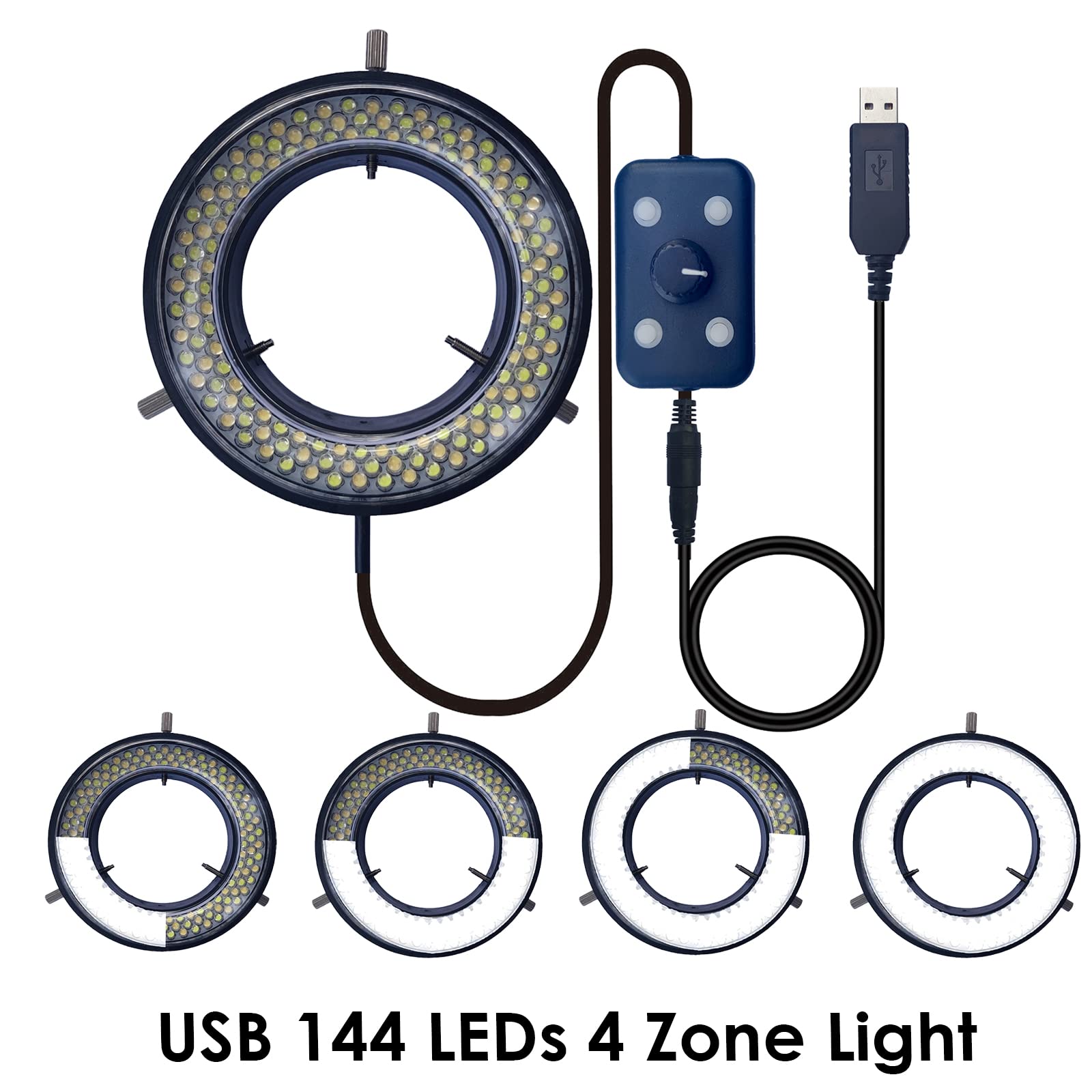 Oświetlenie mikroskopowe LED, podświetlacz pierścieniowy USB, 144 diody LED z 4 strefami oświetlenia, regulowany, do przemysłu, cyfrowa, monokularowa, lornetka, mikroskop stereo, kamera