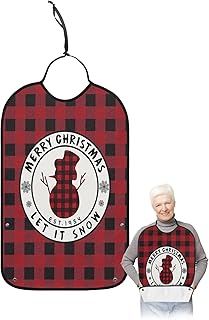 Funny Adult Bibs for Eating, Merry Christmas Let It Snow Buffalo Plaid Red and Black Snowman Waterproof Clothing Protector Washable Adult Bib with Crumb Catcher for Men Women Elderl and Seniors