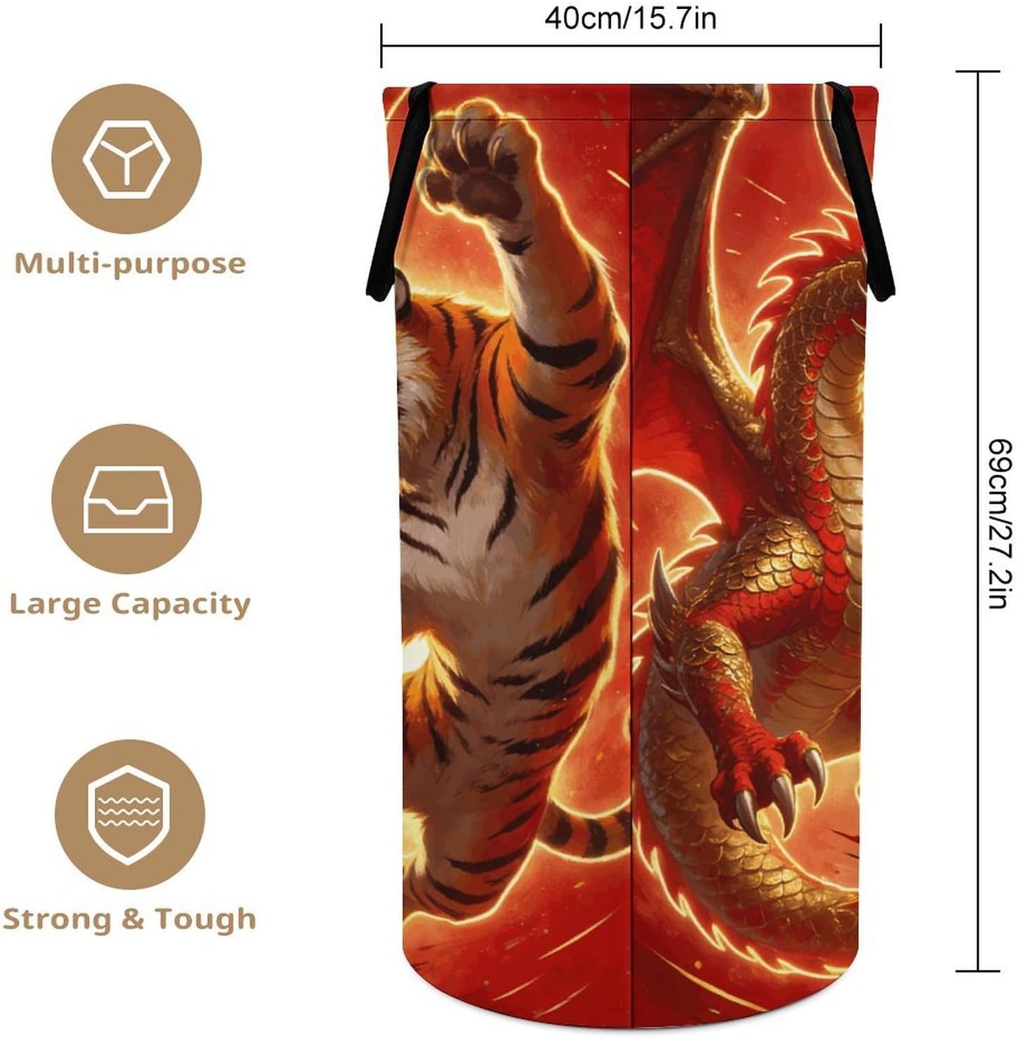 Dragon Versus Tiger Laundry Hamper 86L Waterproof Collapsible Clothes Basket with Double Handles Freestanding Foldable Laundry Basket Large Clothes Hamper for Bathroom