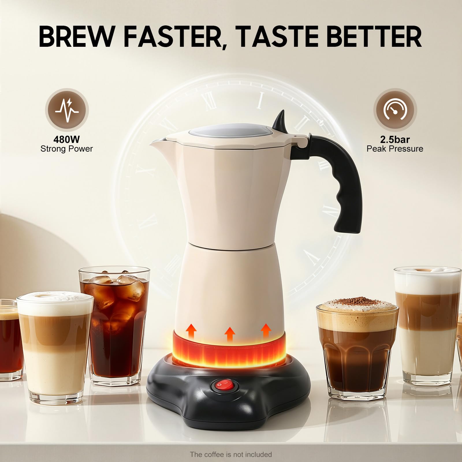Cafetera eléctrica de 300 ml, cafetera espresso 6 tazas Italia Moka KanneOne-TouchVálvula de seguridad 360° Básica Portátil para el hogar Viaje, Blanco