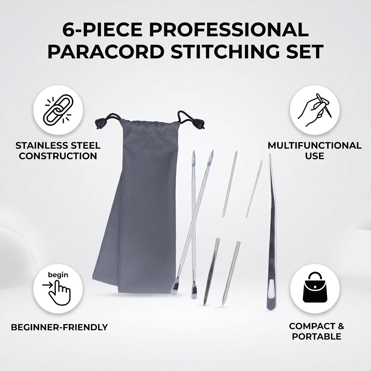 Stainless Steel Paracord Stitching Set with Needles for DIY Work, 6PCS Paracord Stitching Set Stainless Steel Lacing Needles Smoothing Tool for DIY Paracord Work Leather Weaving