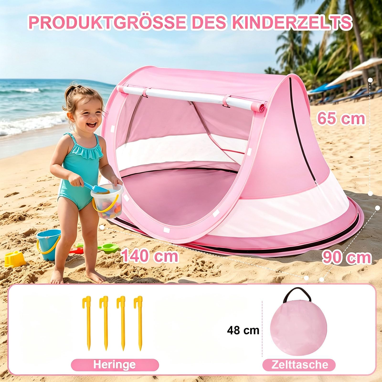 Strandmuschel Baby uv Schutz 50, Pop up Strandzelt als Sonnenschutz für den Strand, 360° Moskitonetz Zelt, Inklusive Tragetasche für Reisen und Camping, Geeignet für Sand und Rasen
