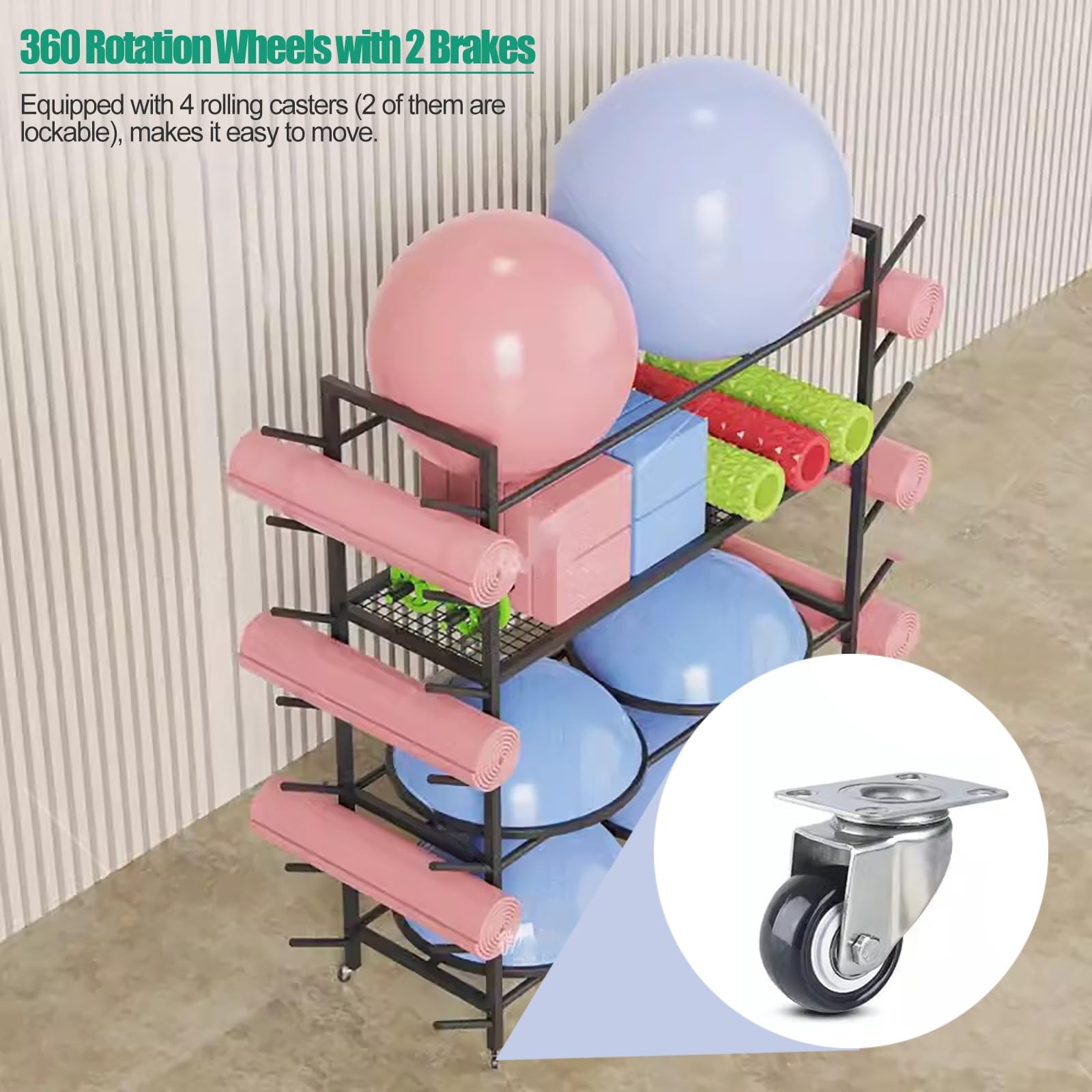 Robusto scaffale Organizer per Palestra Domestica con Ruote - Contenitore da Pavimento per tappetini da Yoga, Palle e Attrezzi per l'equilibrio - Scaffale per Allenamento Professionale con r