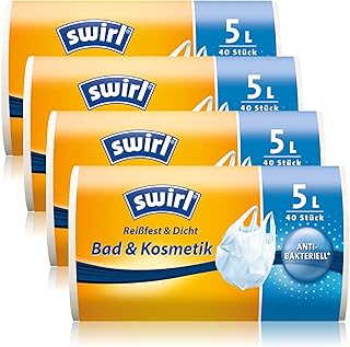 Swirl 4 sacchetti di immondizia pacchetto con manico, 5 litro, antibatterico, 40 pezzi per rullo, bianco
