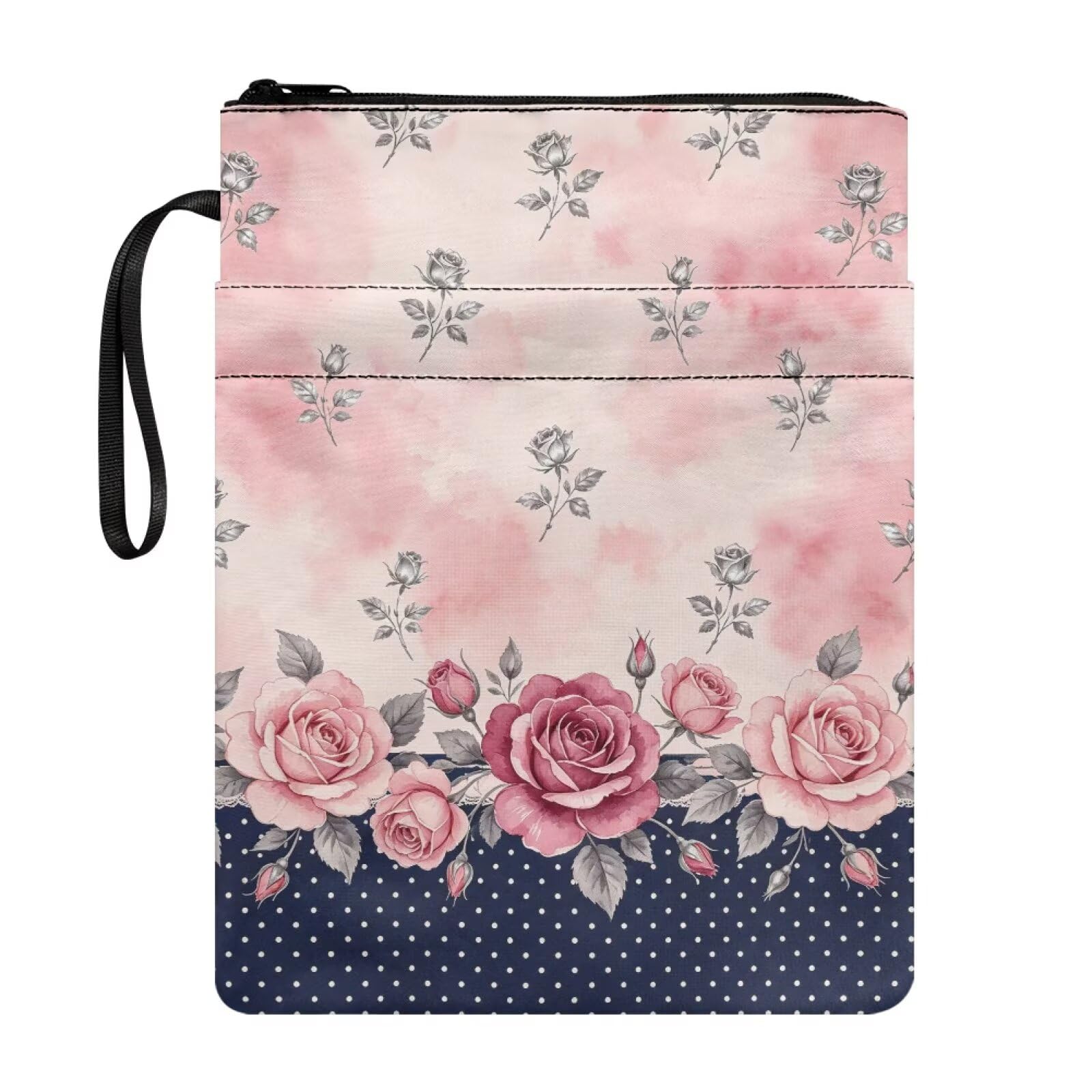 Poceacles Book Sleeve with Pockets Washable Fabric Paperback Book Cover Pouch Protector with Zipper for Hardcover Textbook, 29 x 22 cm, Pink Rose Polka Dots Tie-dye Print — image 1